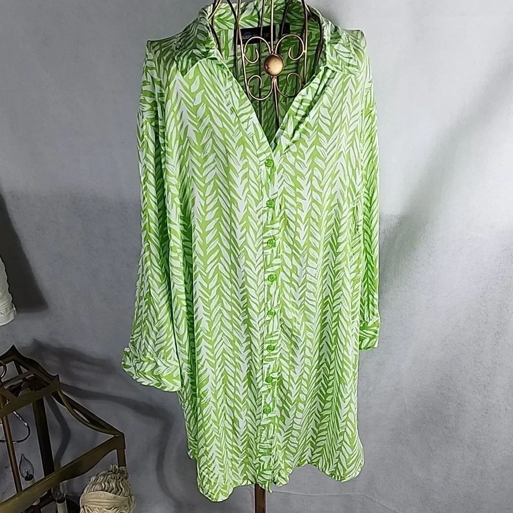 Susan Graver Green Leaf Pattern Flowy 3/4 Sleeve Tunic Size 2X Smocking
